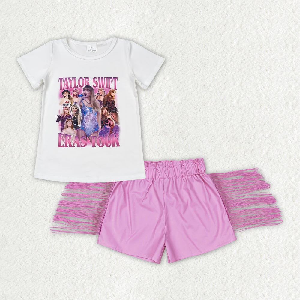 GSSO0877 country singer short sleeve pink tassels leather shorts girls set