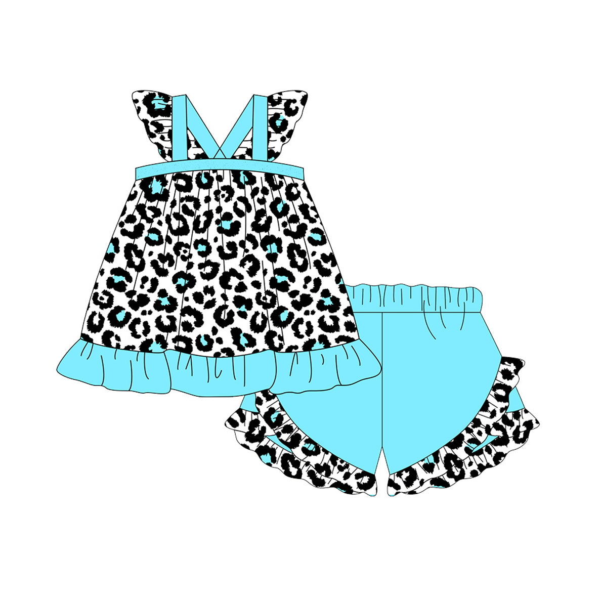 preorder GSSO0878 leopard flutter sleeve blue shorts girls set