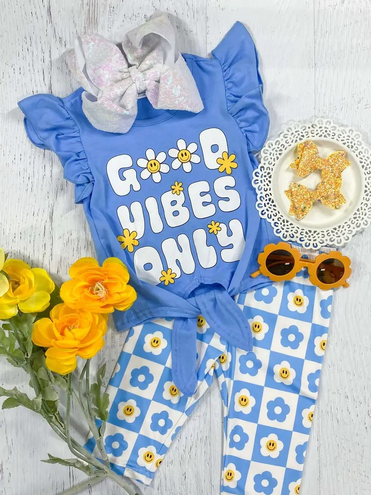 preorder GSSO0881 good only blue flutter sleeve flowers daisy pants girls set