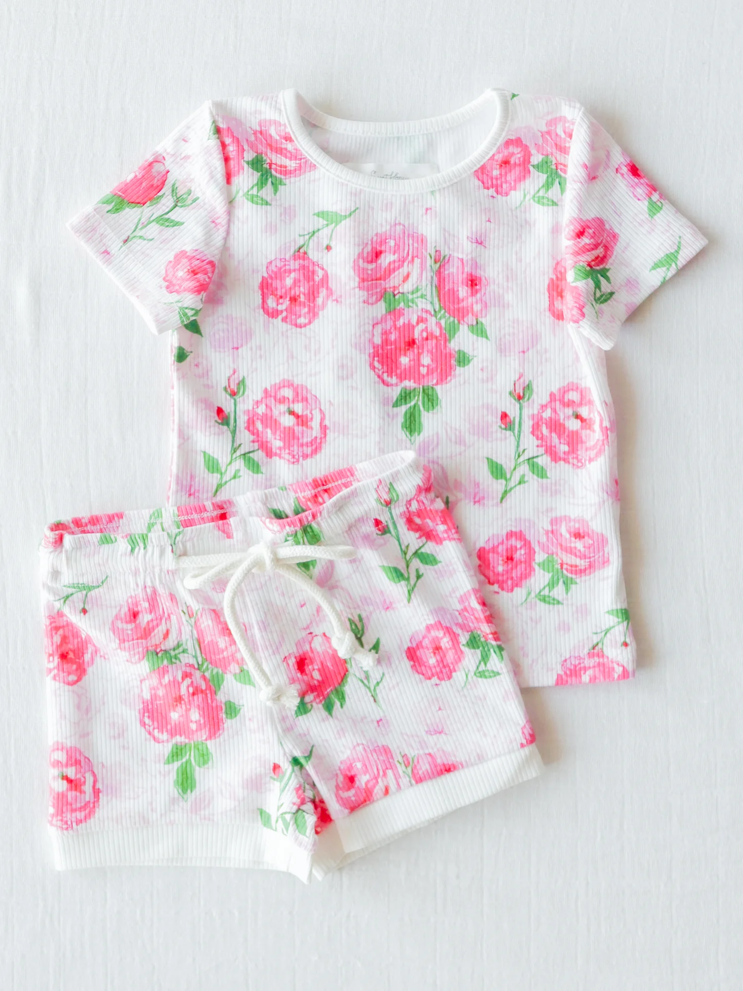 preorder GSSO0884 hot pink flowers short sleeve shorts girls set