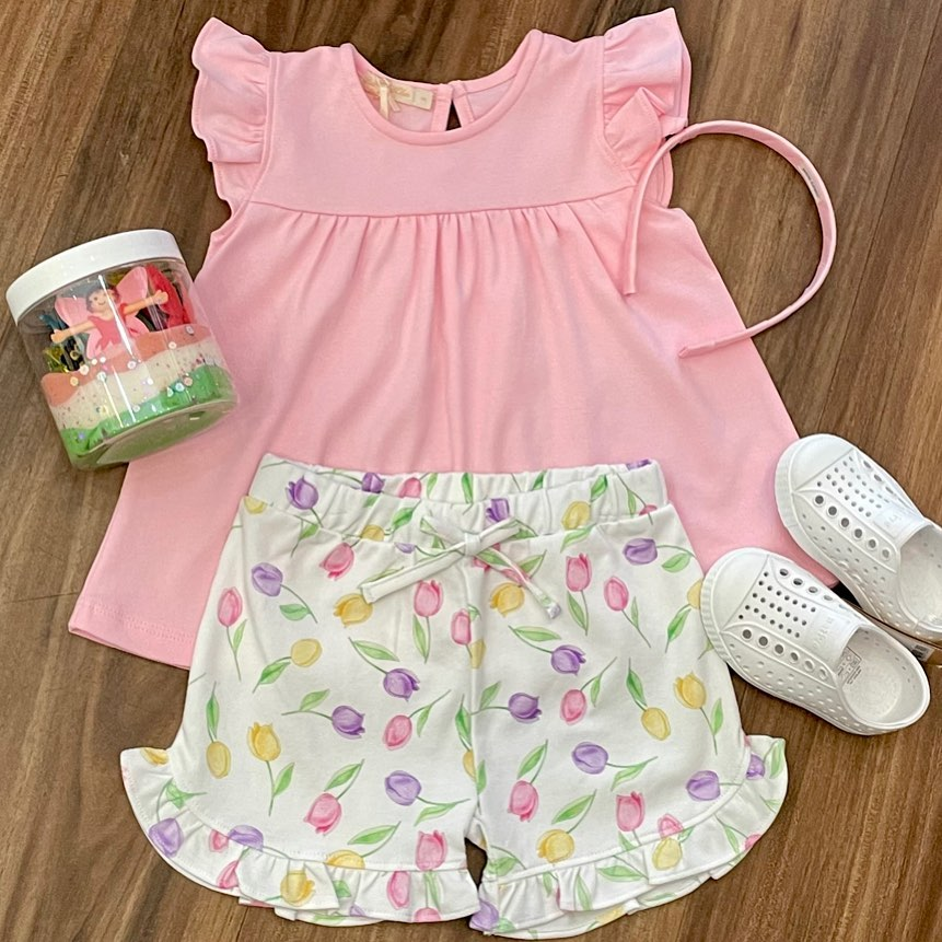 preorder GSSO0887 pink flutter sleeve multi colorful flowers white shorts girls set