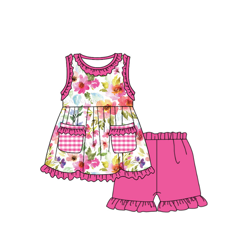 preorder GSSO0896 multi colorful flowers pockets sleeveless hot pink shorts girls set