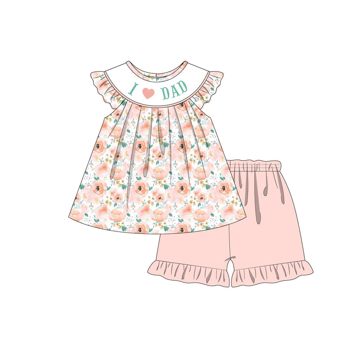 preorder GSSO0914 i love dad pink flowers flutter sleeve pink shorts girls set