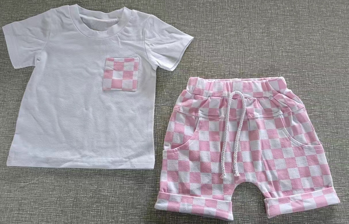 preorder GSSO0920 pink checkered pocket short sleeve shorts girls set