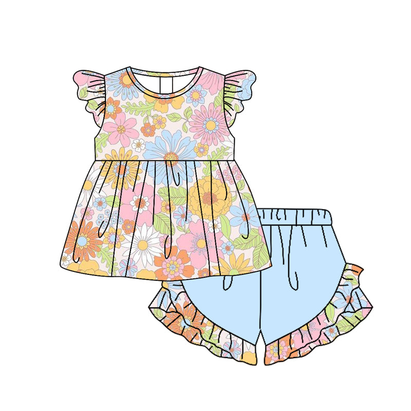 preorder GSSO0925 multi color flowers flutter sleeve blue shorts girls set