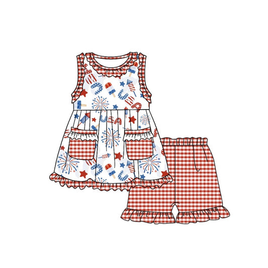 preorder GSSO0929 July 4th USA fireworks pockets sleeveless red checkered shorts girls set