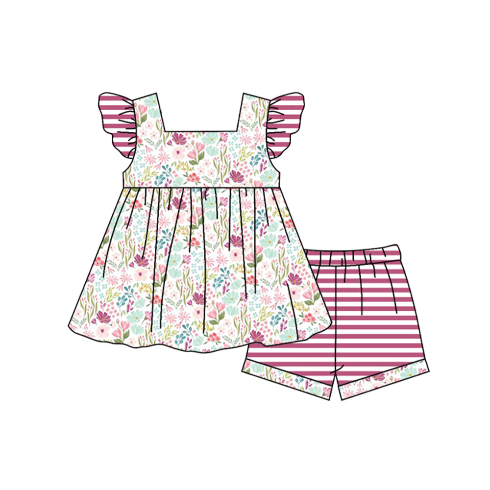 preorder GSSO0939 red flowers flutter sleeve red striped shorts girls set