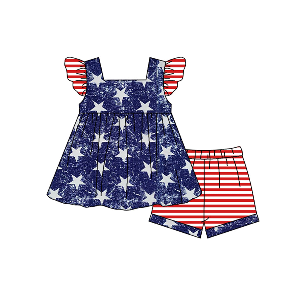 preorder GSSO0941 July 4th blue star flutter sleeve red striped shorts girls set