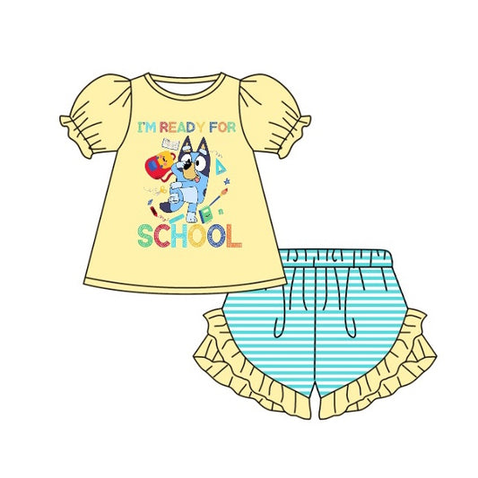 preorder GSSO0943 back to school cartoon blue dog yellow short sleeve blue striped shorts girls set