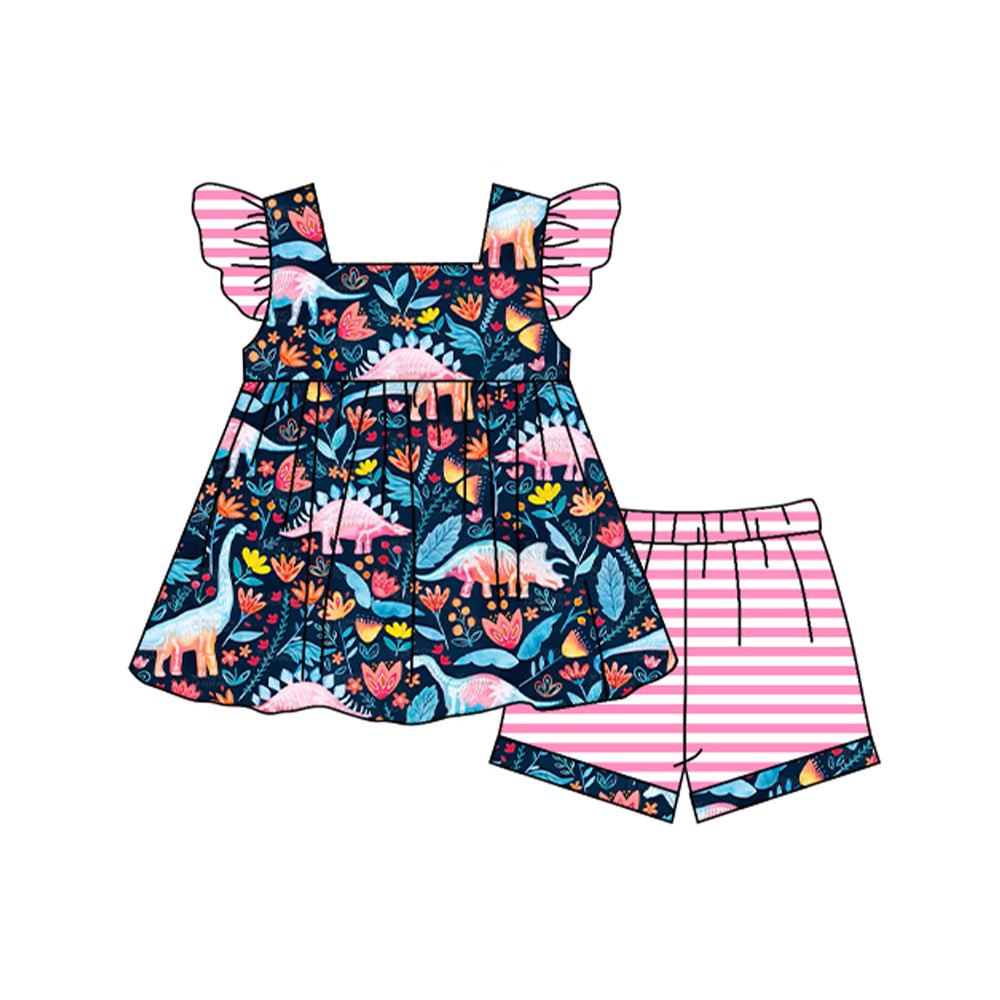 preorder GSSO0947 multi color dinosaur flutter sleeve pink striped shorts girls set