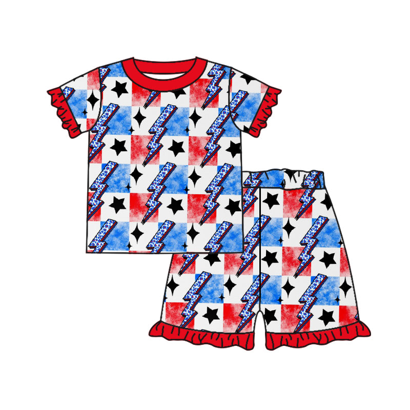 preorder GSSO0953 July 4th red blue checkered lightning short sleeve shorts girls set