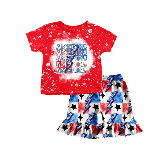 preorder GSSO0954 July 4th red America short sleeve red blue checkered shorts girls set