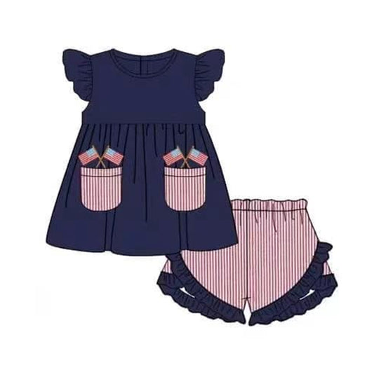 preorder GSSO0955 July 4th flag pocket navy short sleeve red striped shorts girls set