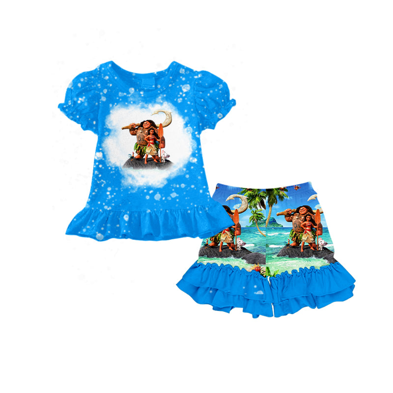 preorder GSSO0956 magic cartoon girl blue short sleeve blue ruffles shorts girls set