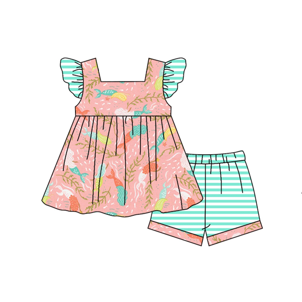preorder GSSO0958 cartoon mermaid pink flutter sleeve blue striped shorts girls set