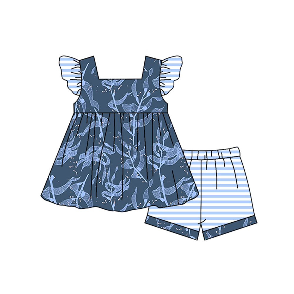 preorder GSSO0959 sea grass blue flutter sleeve blue striped shorts girls set