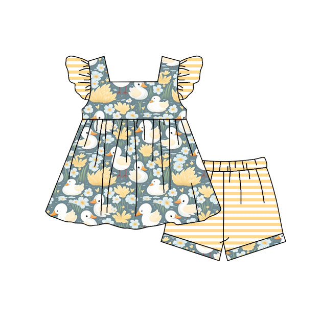 preorder GSSO0960 cartoon cute duck flowers flutter sleeve yellow striped shorts girls set