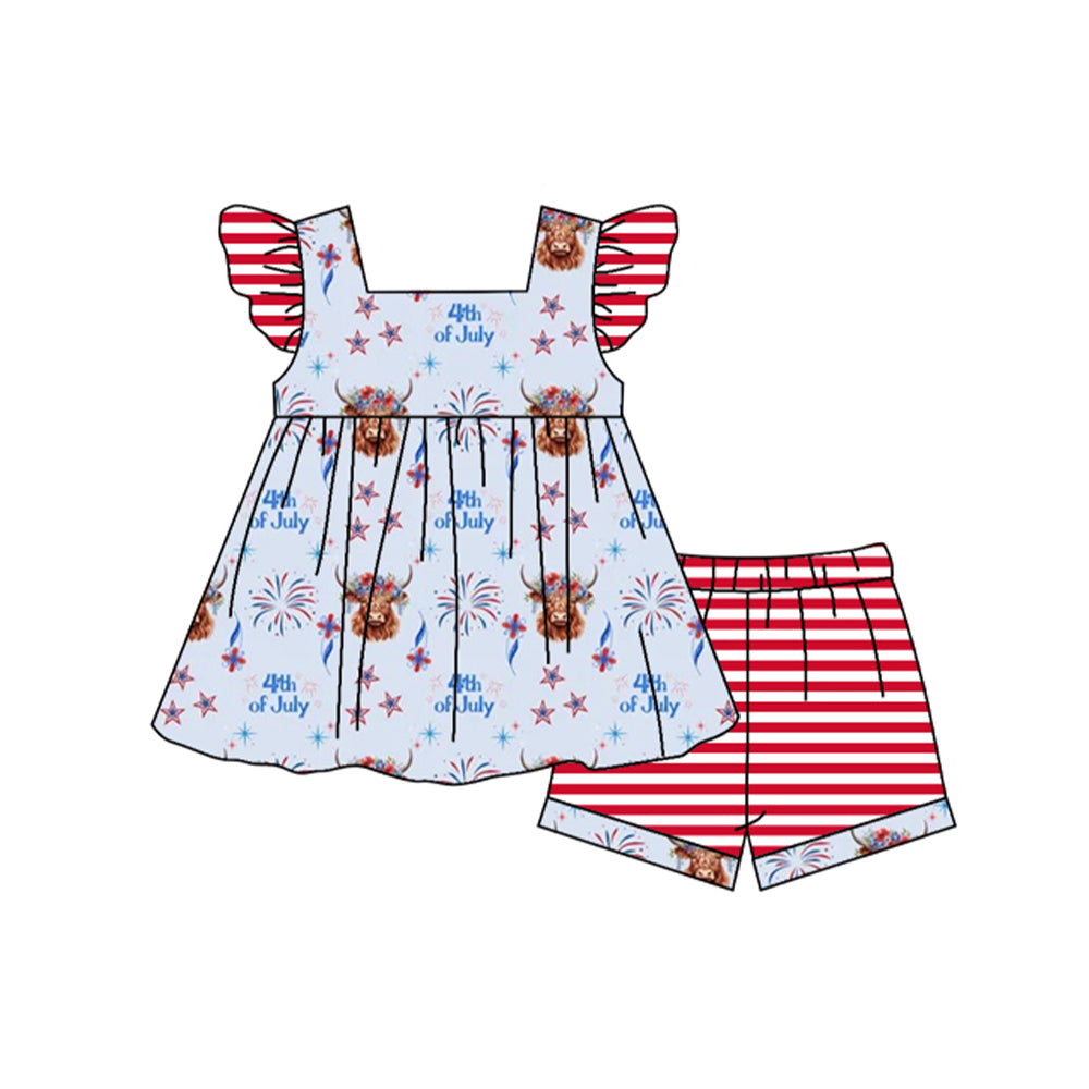 preorder GSSO0964 July 4th lightning highland cow flutter sleeve red striped shorts girls set