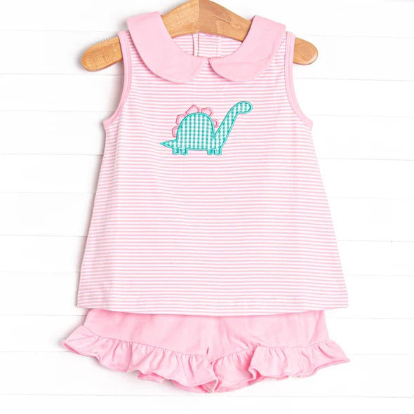 preorder GSSO0977 cute cartoon dinosaur pink striped sleeveless pink shorts girls set