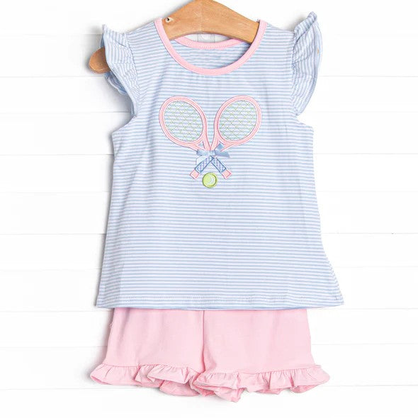 preorder GSSO0979 tennis blue striped flutter sleeve pink shorts girls set