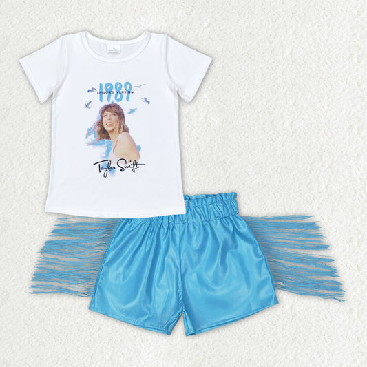 GSSO1452 1989 Taylor country singer short sleeve blue shorts girls set