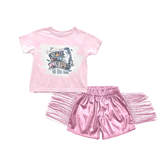 preorder GSSO0986 country singer TS pink short sleeve pink leather tassels shorts girls set