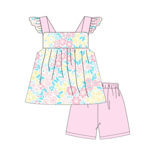 preorder GSSO0991 multi colorful flowers pink flutter sleeve pink shorts girls set