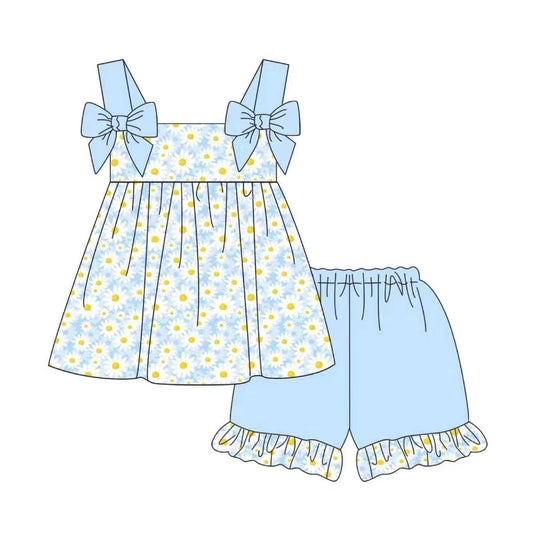preorder GSSO0993 little daisy flowers blue sleeveless blue shorts girls set