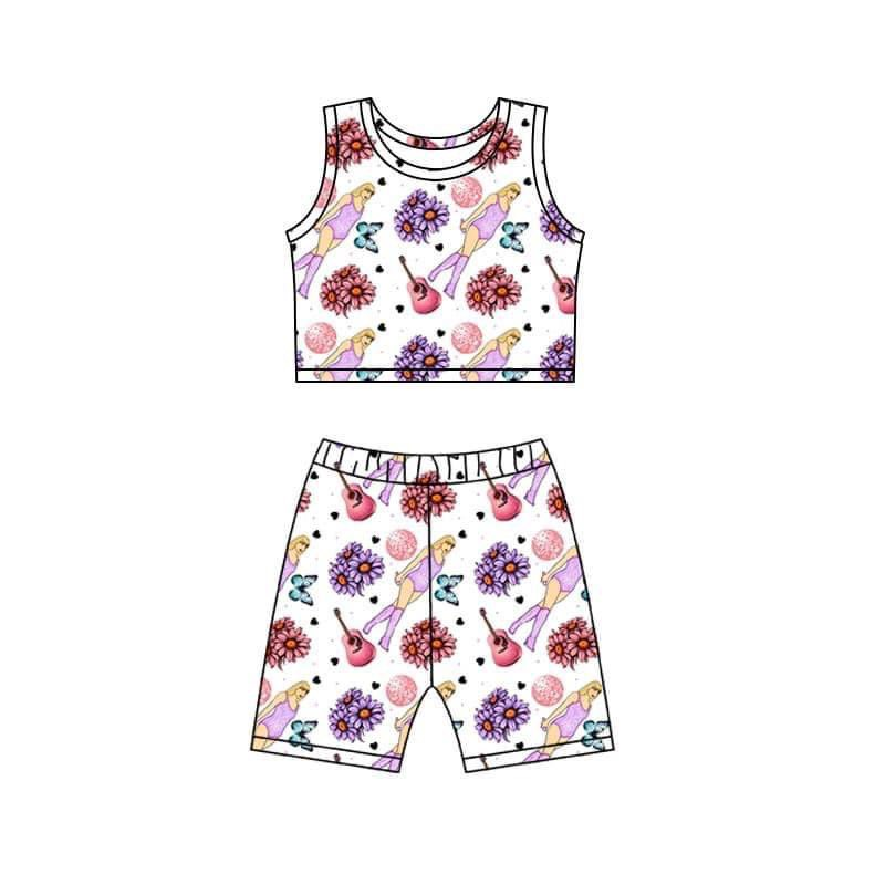 preorder GSSO0995 country singer TS flowers purple sleeveless shorts girls set