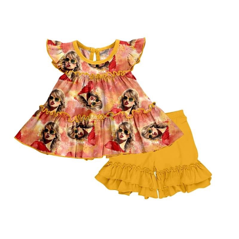 preorder GSSO0996 country singer TS yellow flutter sleeve yellow shorts girls set