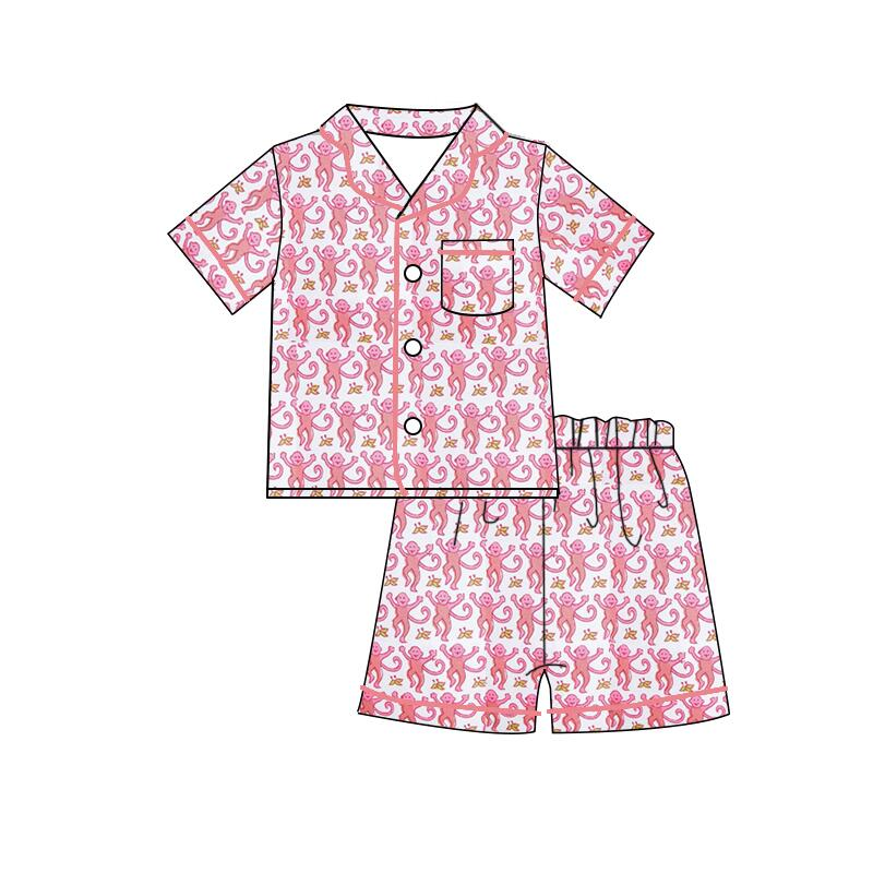 preorder GSSO0997 pink monkey pocket short sleeve shorts girls pajamas