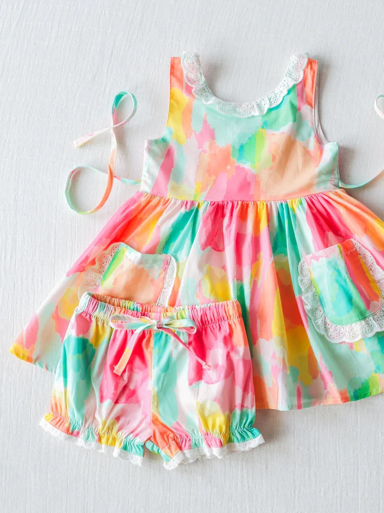 preorder GSSO1001 watercolor multi color print sleeveless shorts girls set