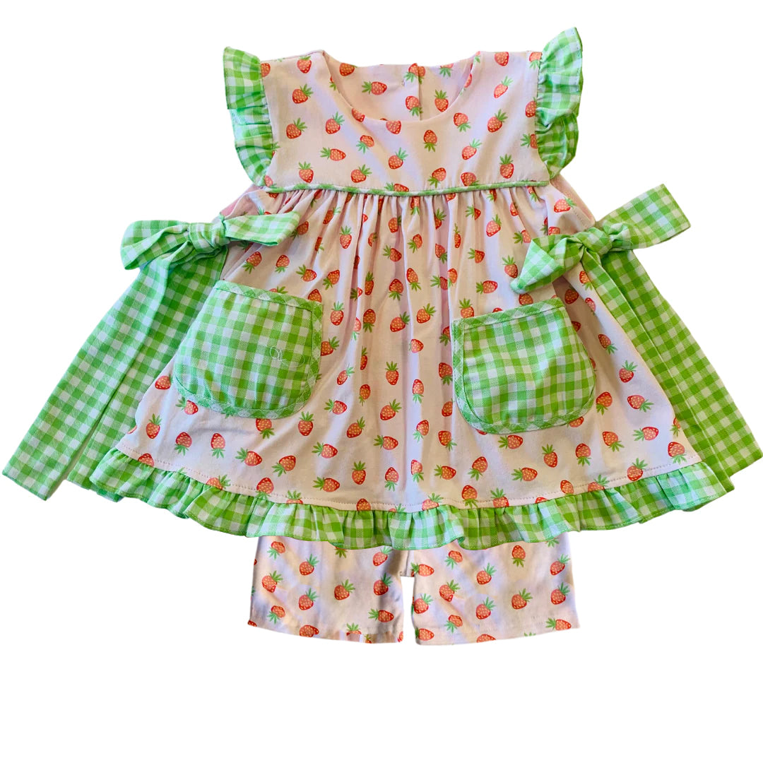 preorder GSSO1002 strawberry green checkered flutter sleeve shorts girls pink set