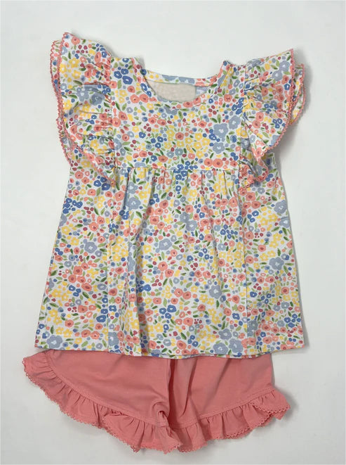 preorder GSSO1008 multi color flowers flutter sleeve pink shorts girls set