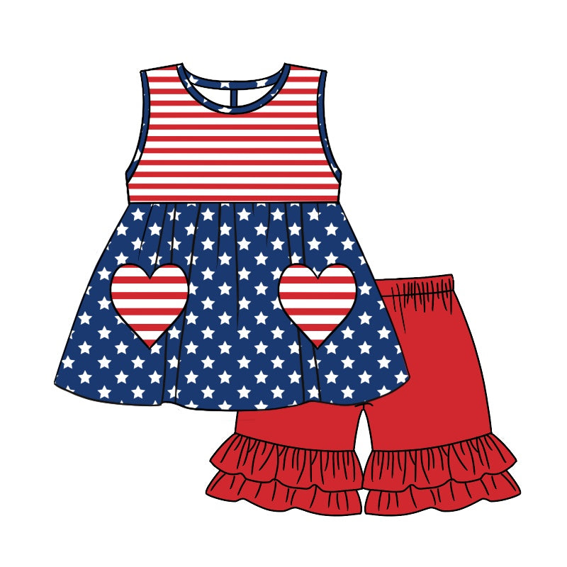 preorder GSSO1014 July 4th star red striped pockets sleeveless red shorts girls set