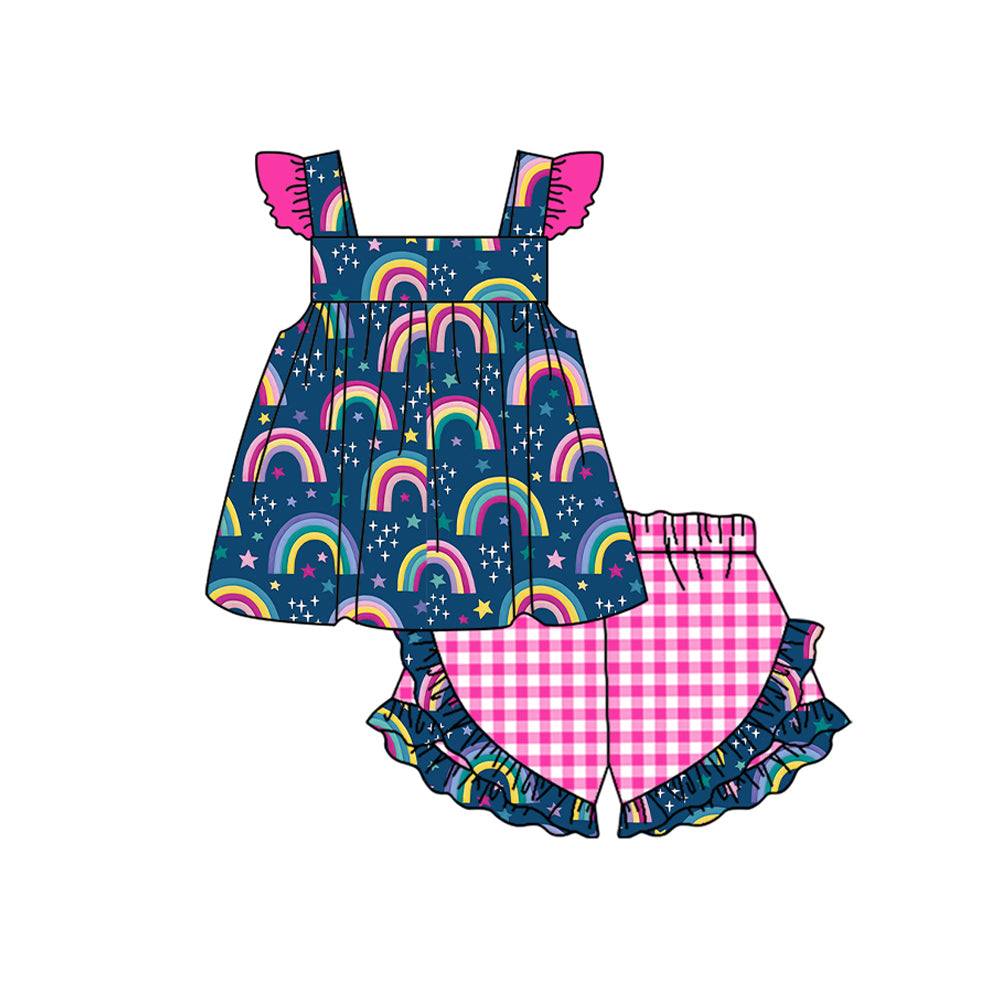 preorder GSSO1017 rainbow star navy blue flutter sleeve hot pink checkered shorts girls set