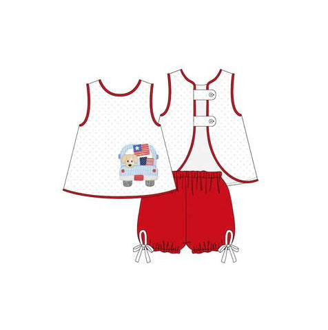 preorder GSSO1023 July 4th dog flag truck sleeveless red shorts girls set