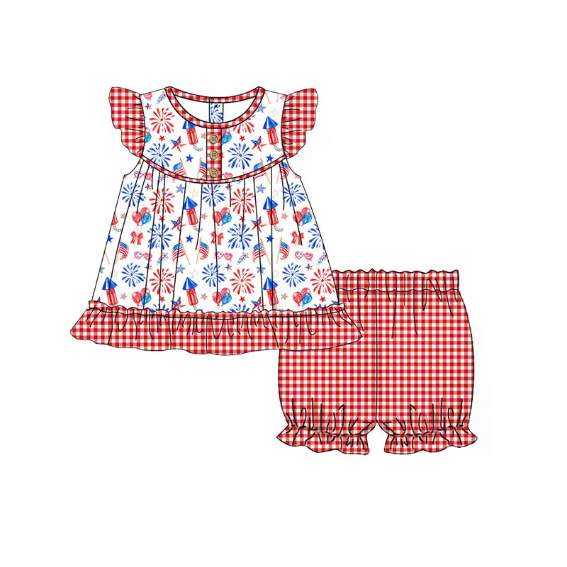 preorder GSSO1024 July 4th fireworks balloon flutter sleeve red checkered shorts girls set