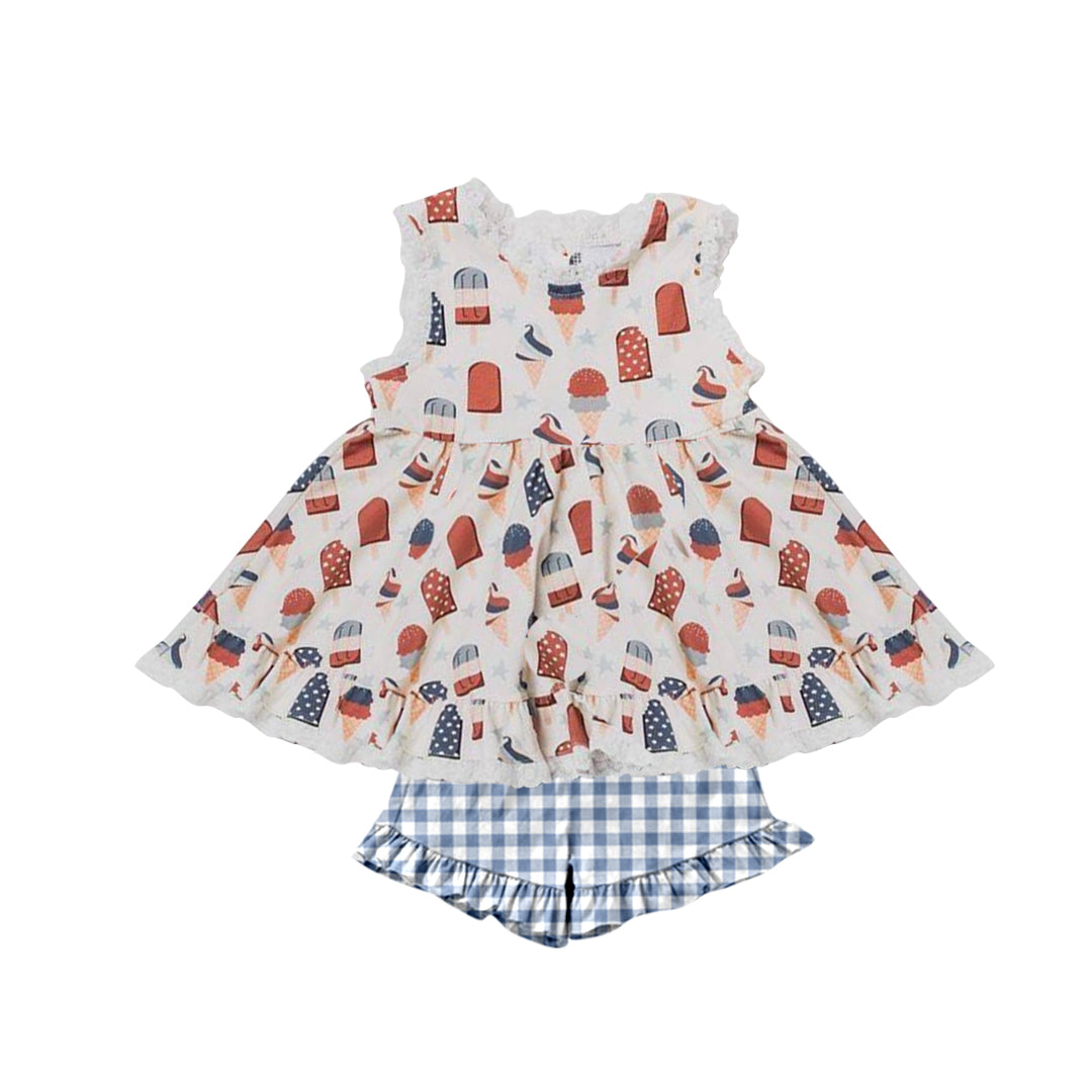 preorder GSSO1026 July 4th ice sleeveless blue checkered shorts girls set