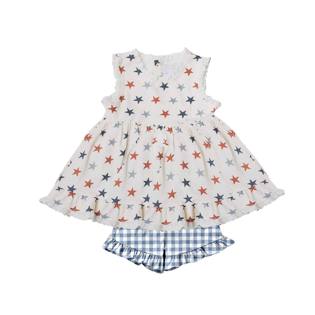 preorder GSSO1027 July 4th star sleeveless blue checkered shorts girls set