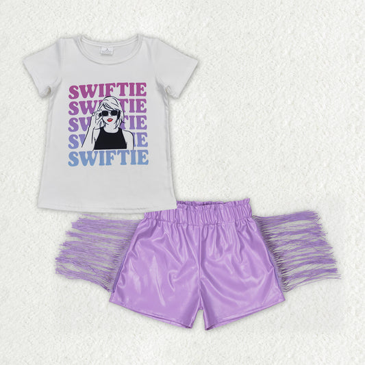 GSSO1029 Taylor country singer white short sleeve purple tassels leather shorts girls set