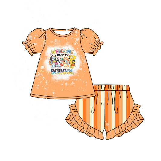 preorder GSSO1031 welcome back to school blue dog orange short sleeve orange striped shorts girls set