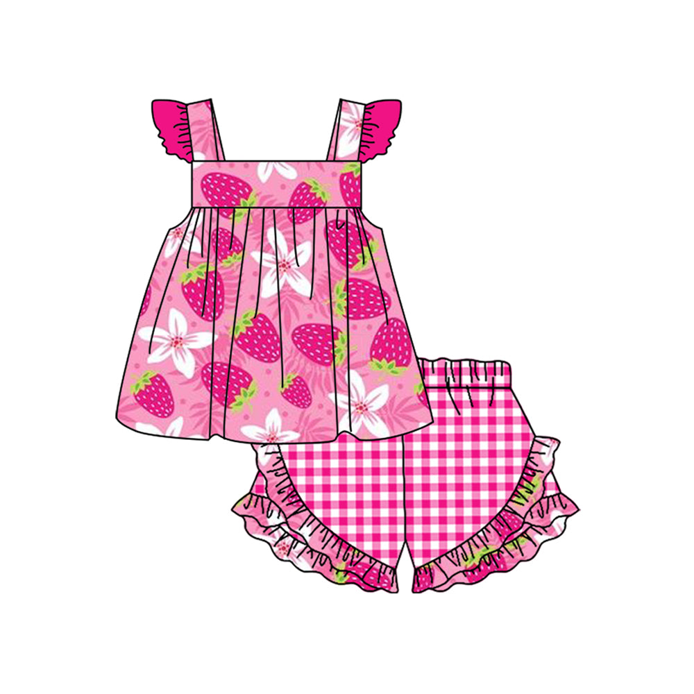 preorder GSSO1035 strawberry flowers hot pink flutter sleeve checkered shorts girls set