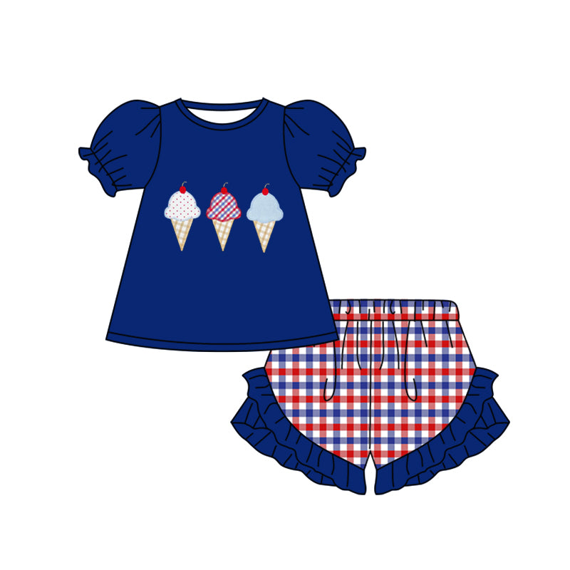 preorder GSSO1038 July 4th ice navy short sleeve blue red checkered shorts girls set