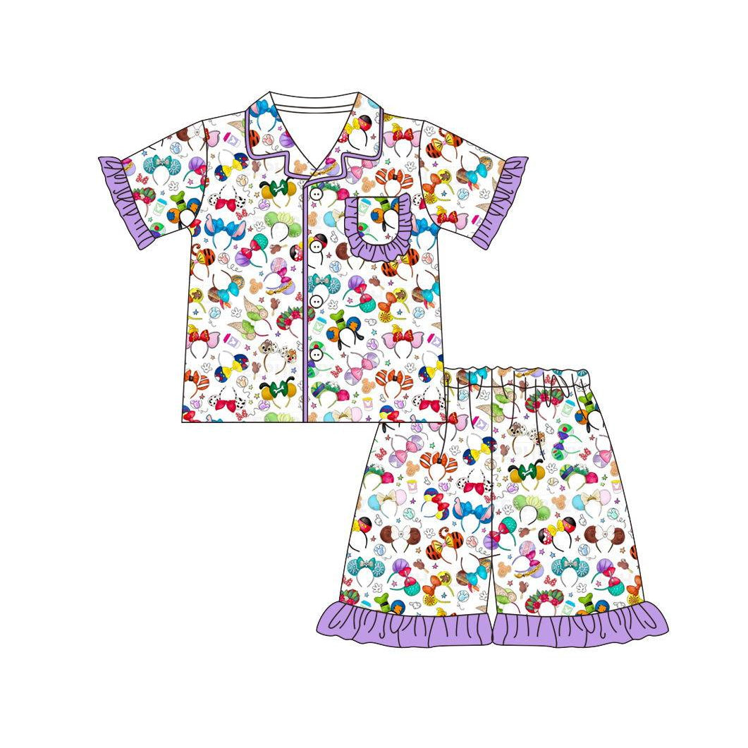 preorder GSSO1049 multi color cartoon M purple pocket short sleeve shorts girls pajamas