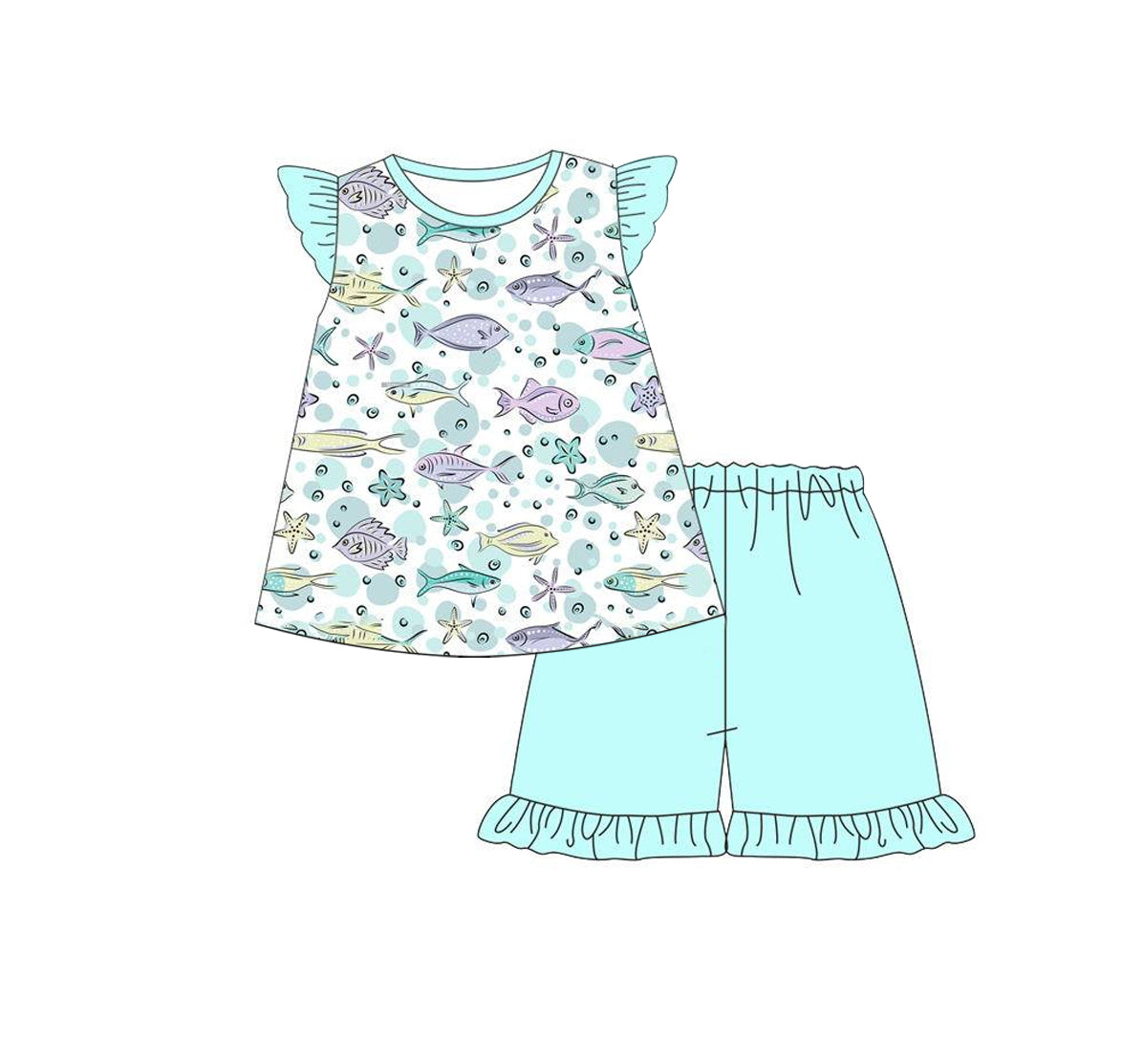 preorder GSSO1058 fish starfish sky blue flutter sleeve shorts girls set