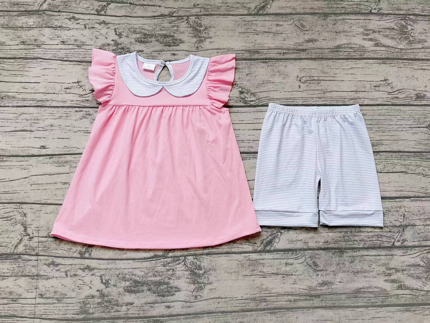 preorder GSSO1064 pink flutter sleeve blue stripe shorts girls set