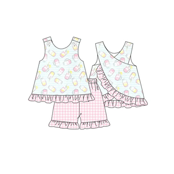 preorder GSSO1068 cartoon cup lemon water sleeveless pink checkered ruffles shorts girls set
