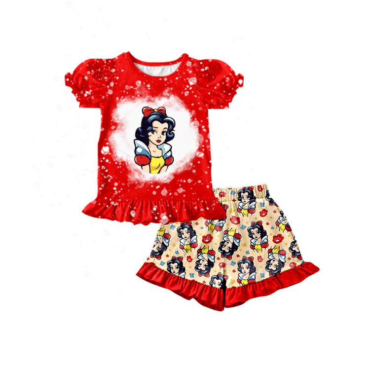 preorder GSSO1072 cartoon snow princess red short sleeve ruffles shorts girls set