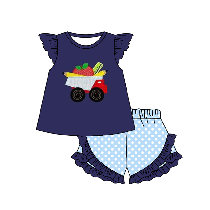 preorder GSSO1075 back to school apple pen navy blue flutter sleeve blue dot ruffles shorts girls set